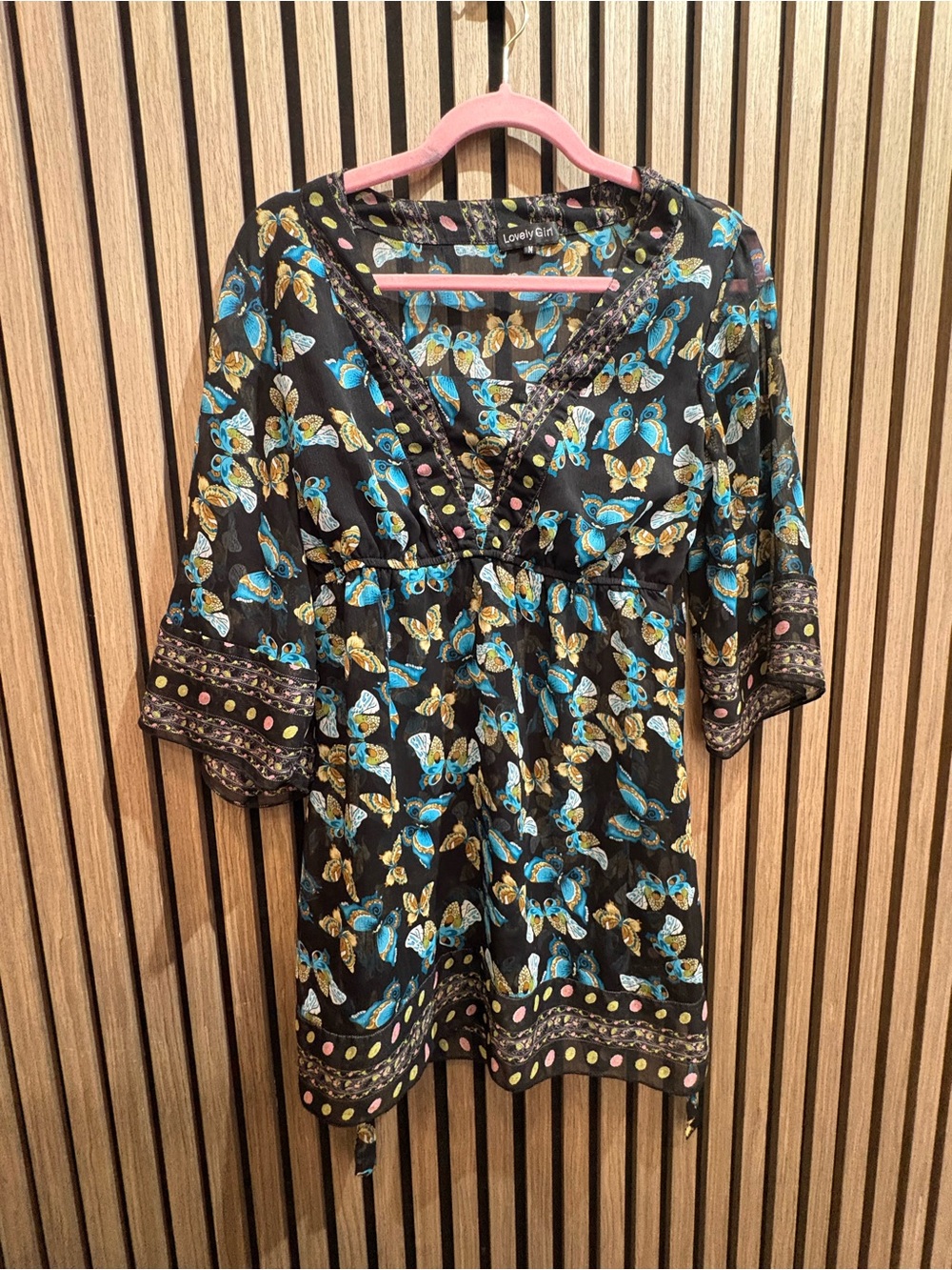Black Butterfly-Print V-Neck Women's Top/Dress